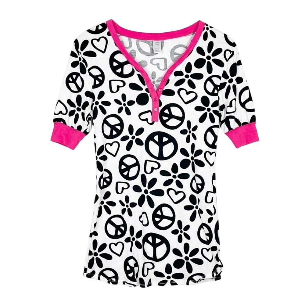 Free Play Groovy Peace & Love Henley Sleepwear Top Size Large Pink Black White‎